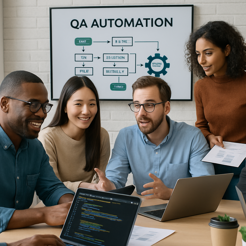 Diverse group collaborating on QA automation project in modern workspace