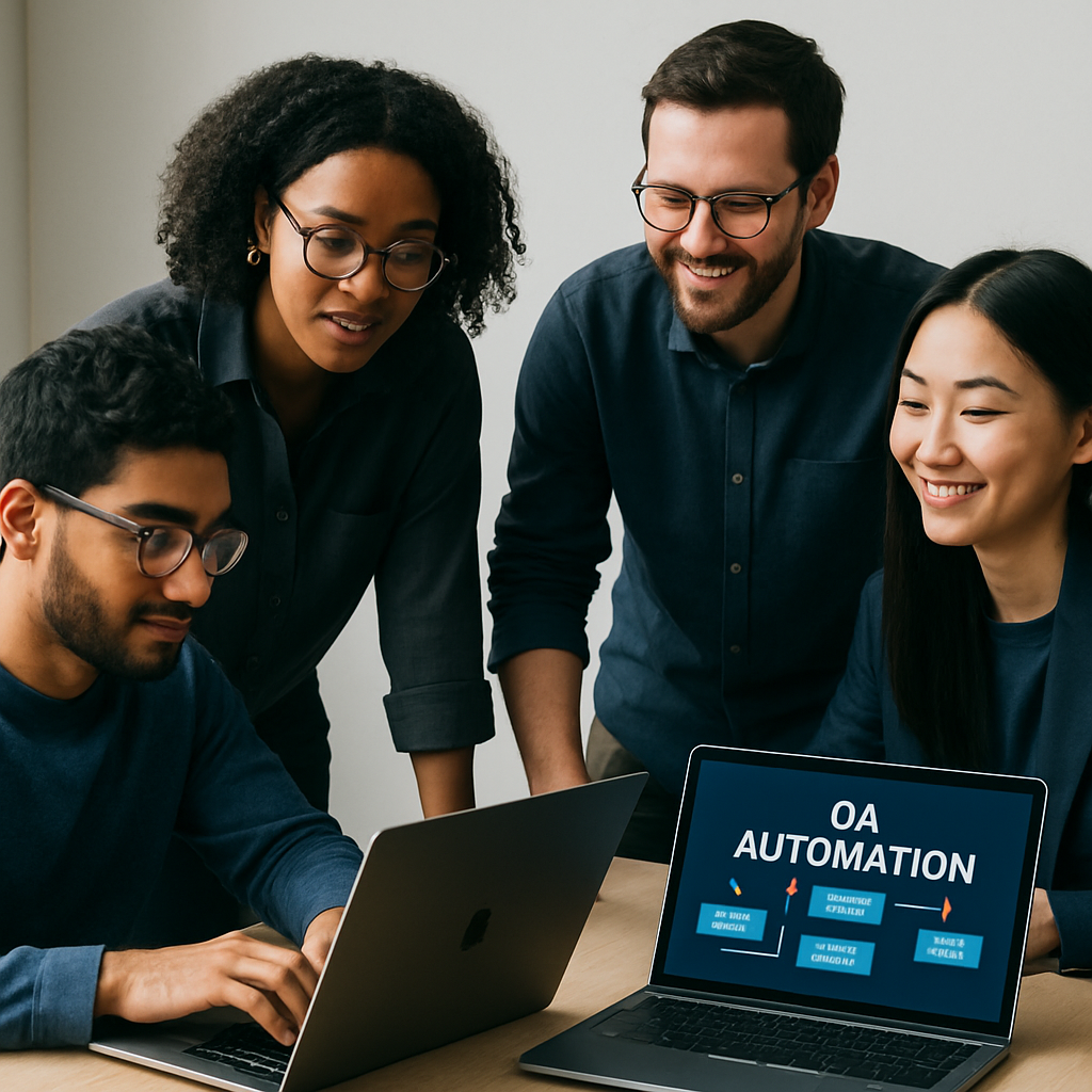 Diverse group collaborating on QA automation project in modern workspace