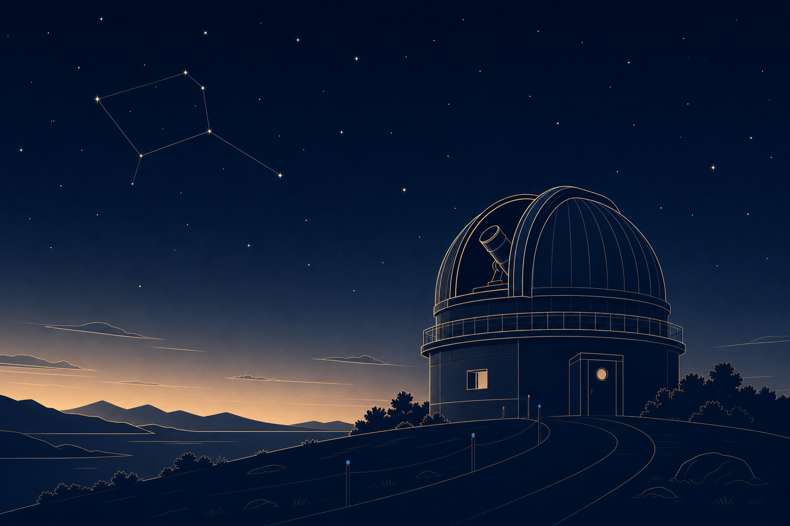 Line-art observatory and low horizon at dusk with early stars appearing in a calm night sky