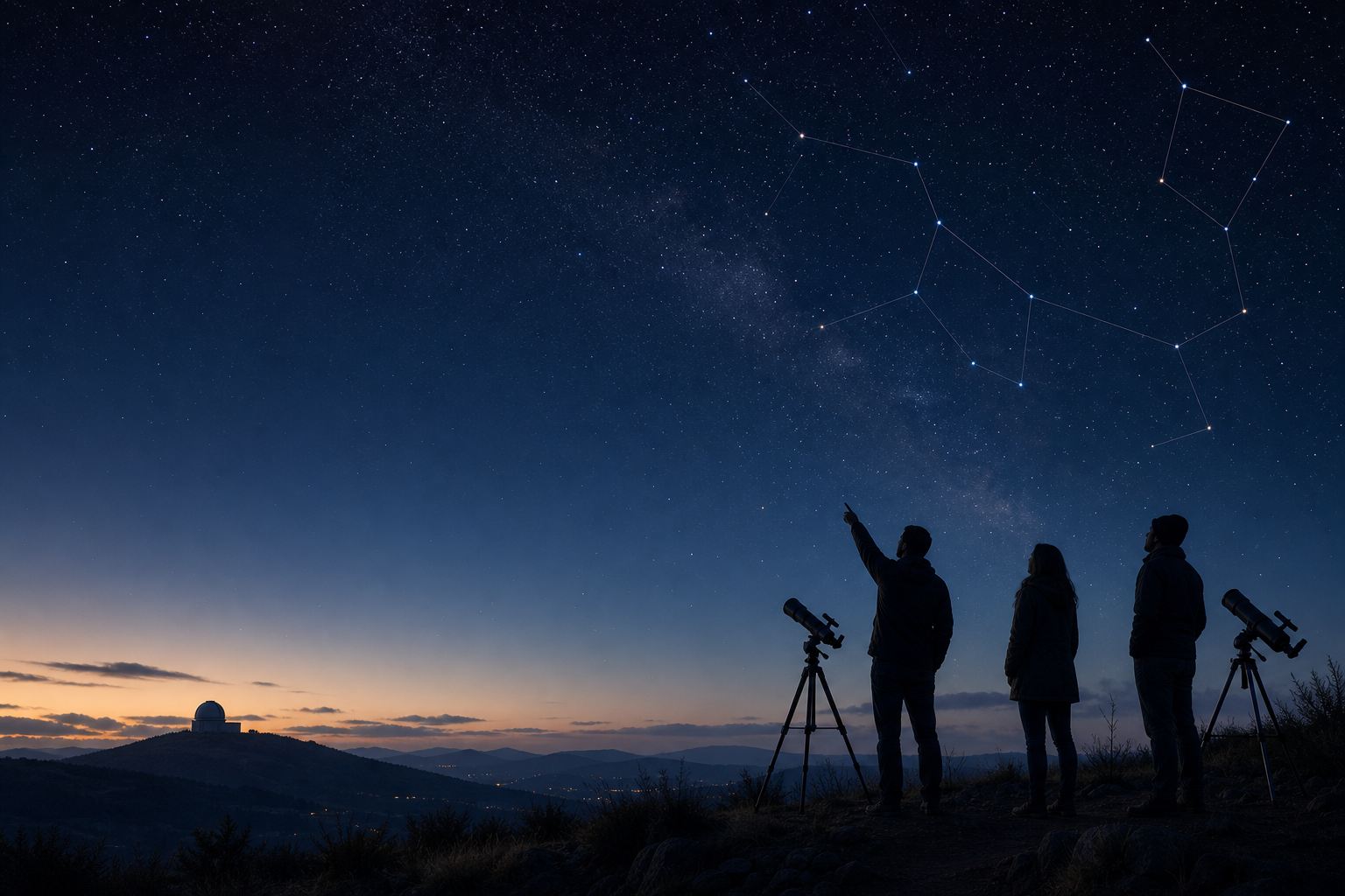 Refined astronomy illustration of amateur stargazers observing beneath a deep star-filled sky with subtle constellation lines and a faint observatory silhouette on the horizon