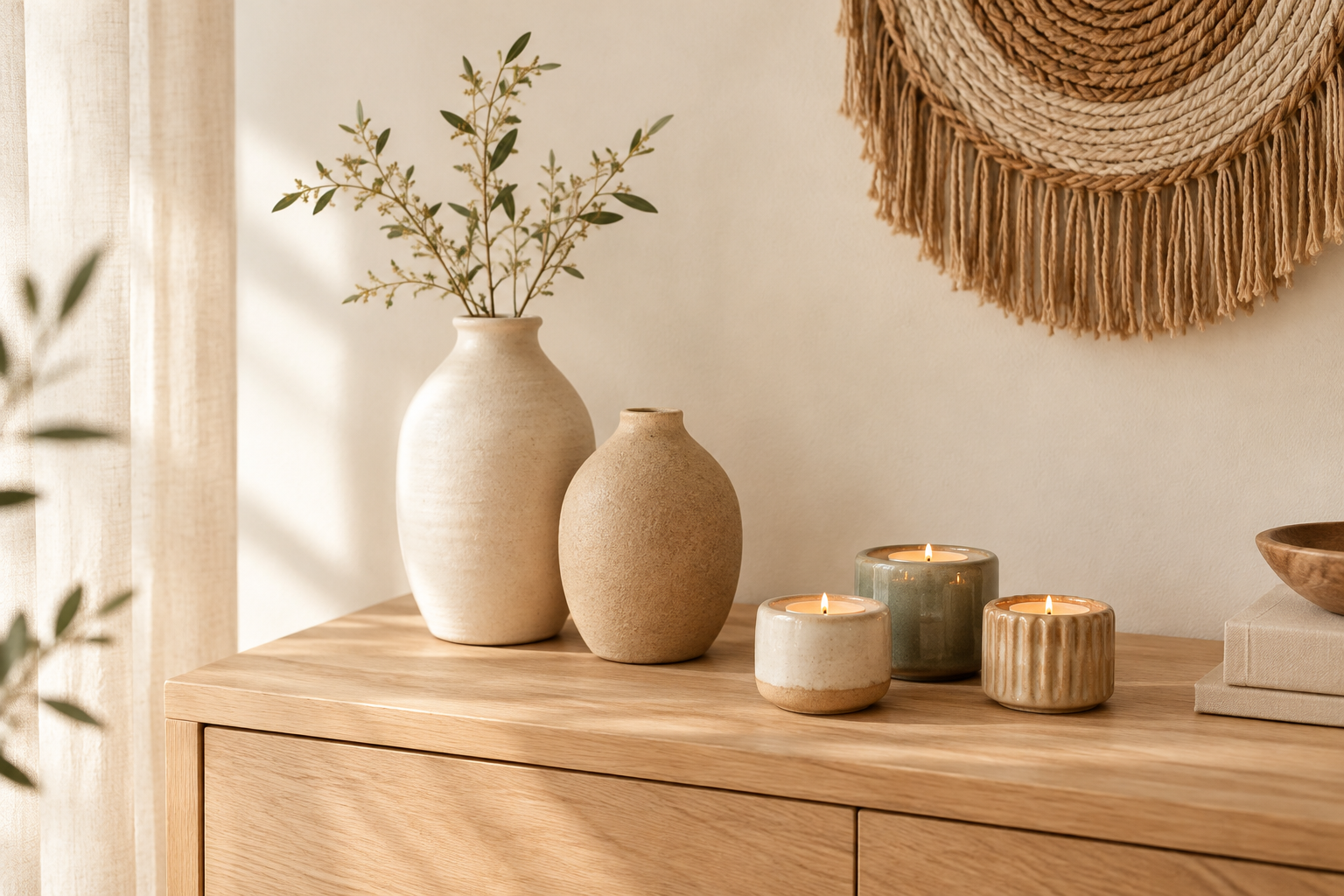 Warm styled still-life of handmade ceramic vases, woven wall decor, and candle holders in soft daylight