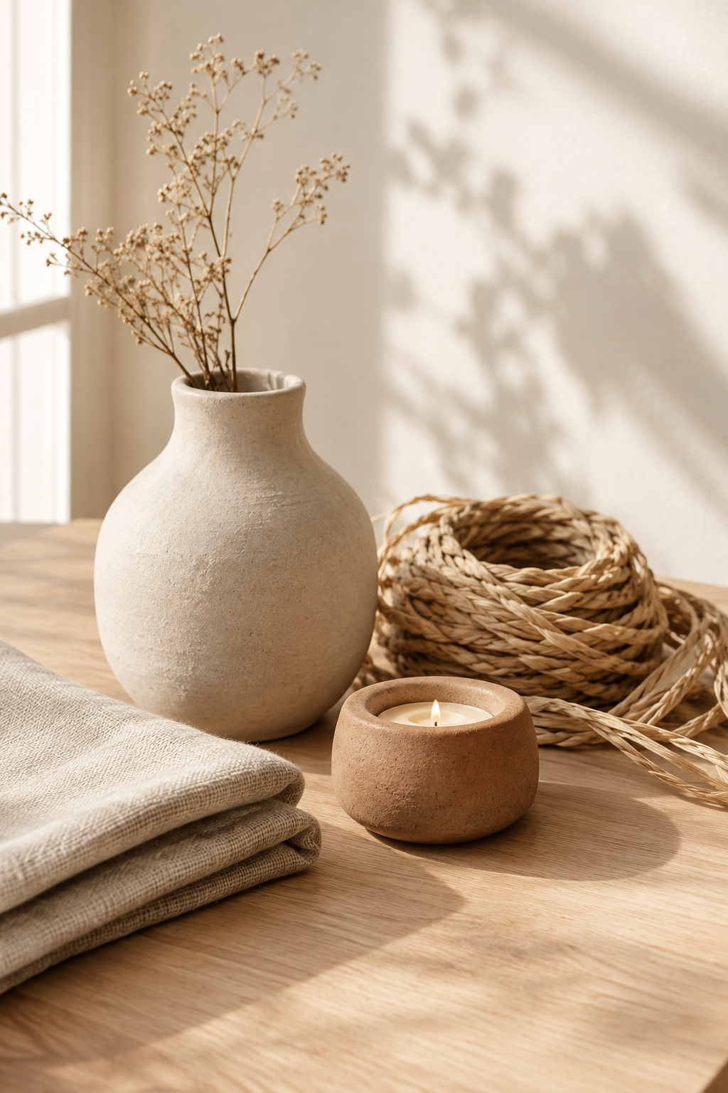 Editorial still-life of handmade home decor materials with a ceramic vase, woven fibers, and warm linen textures in soft natural light