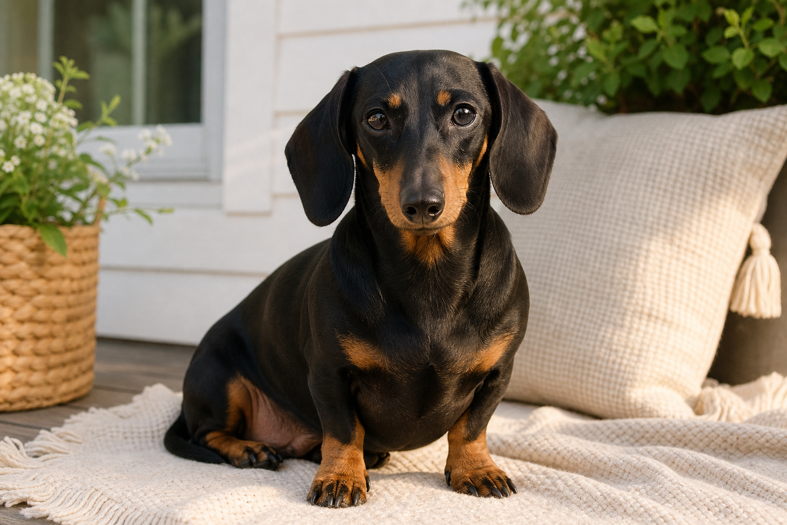 Dame mini dachshund sitting alert on a porch blanket, facing the camera