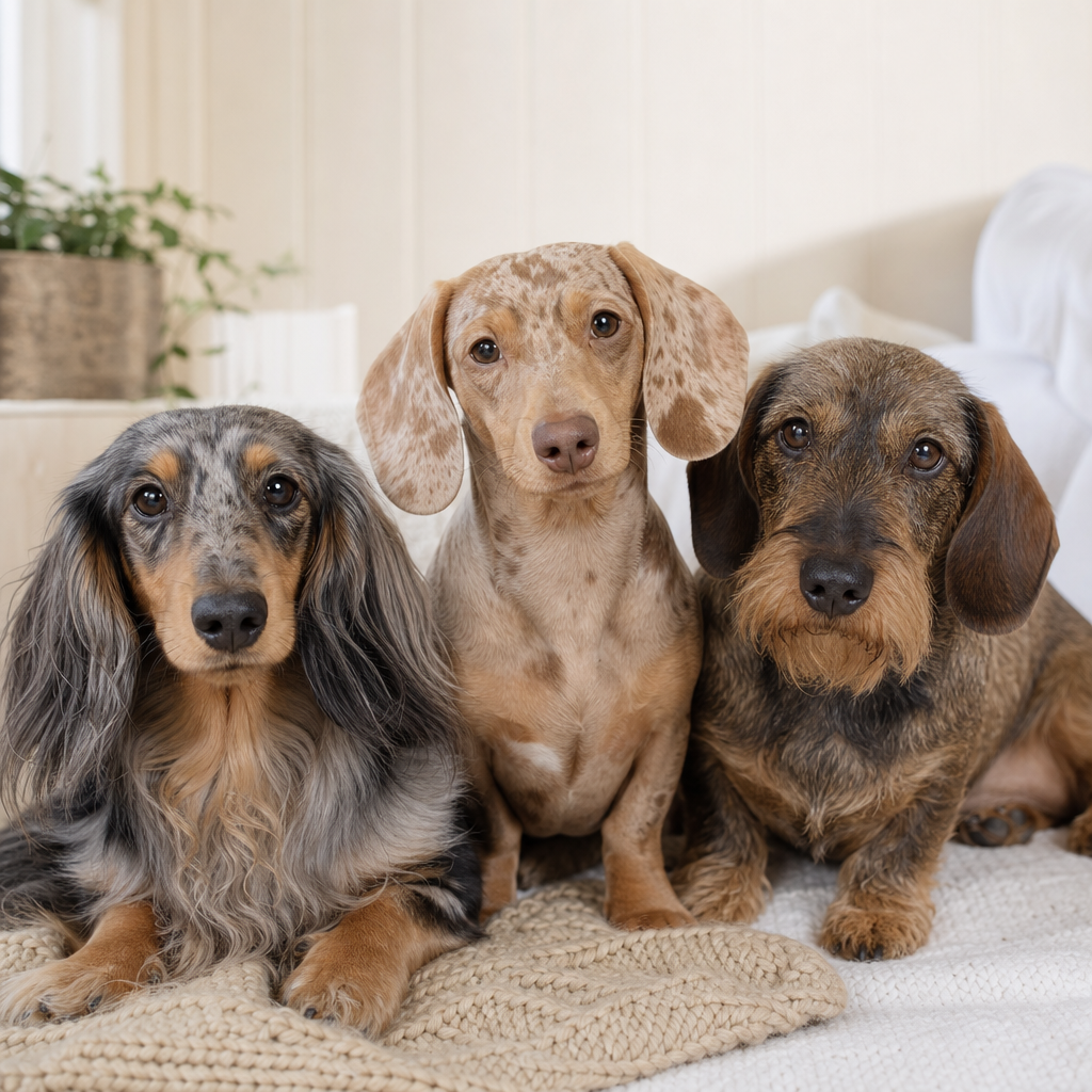 Mini dachshund puppy with a smooth chestnut coat resting on a light linen chair in a warm home interior