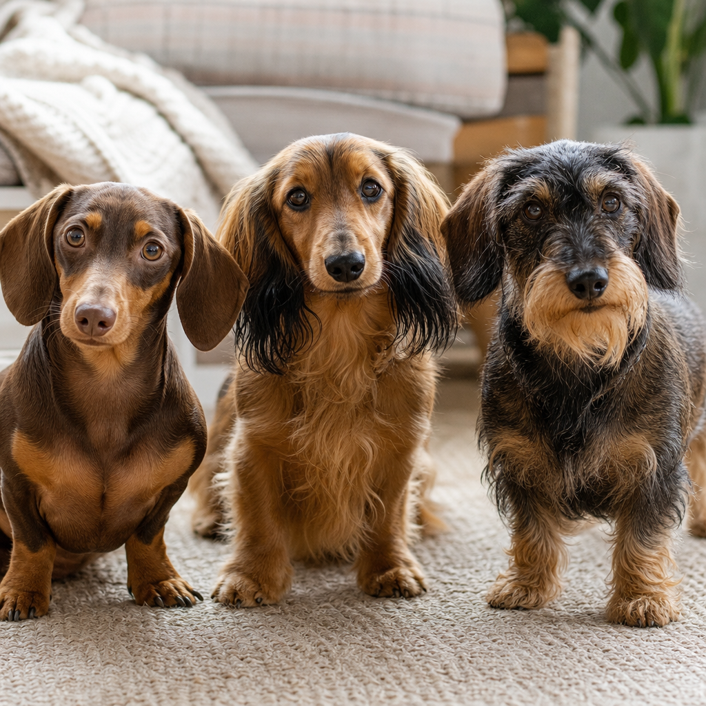 Mini dachshund puppy with a smooth chestnut coat resting on a light linen chair in a warm home interior