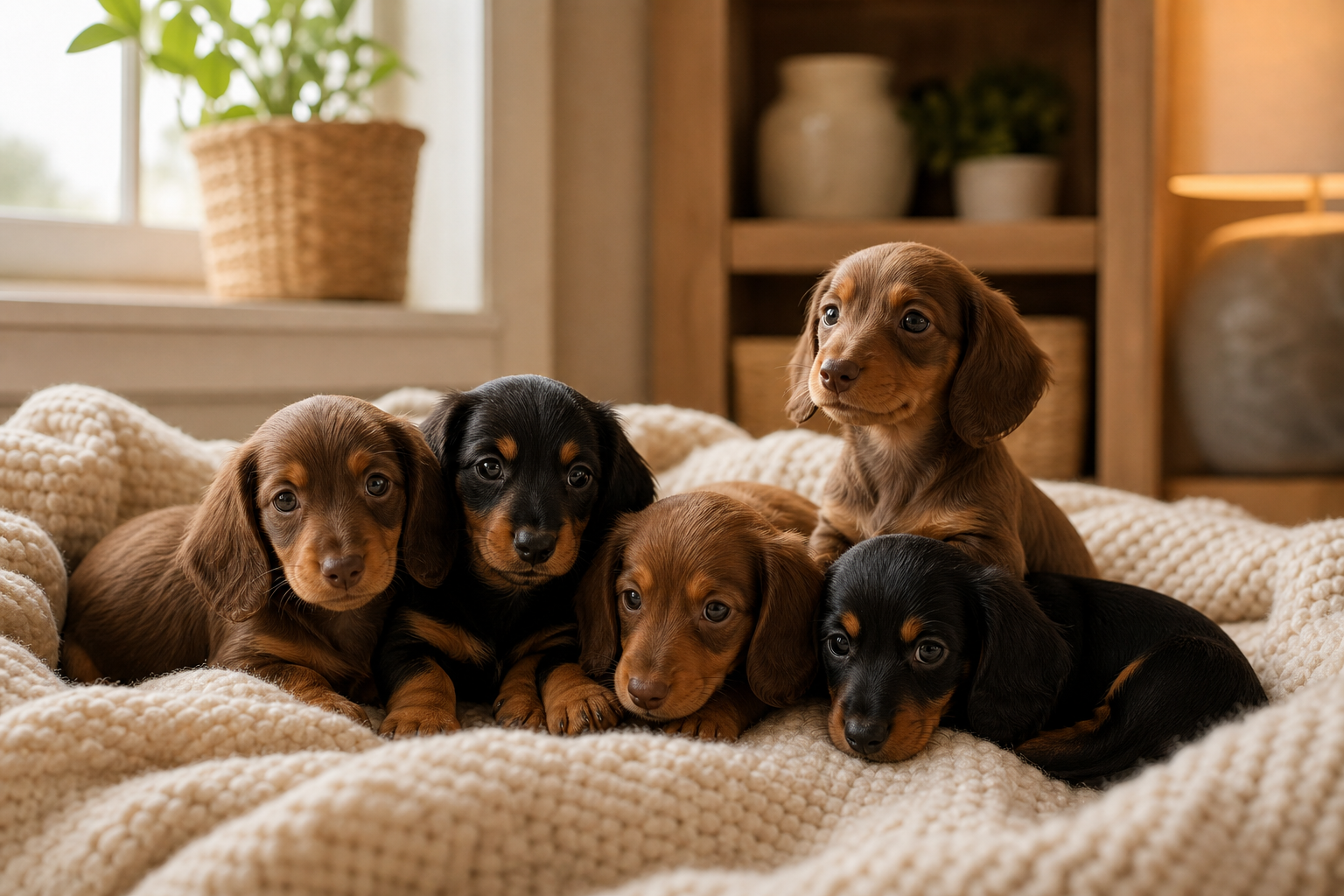 Warm lifestyle scene of mini dachshund puppies resting together in a cozy indoor litter setting