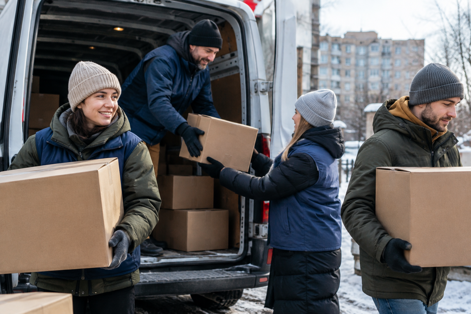 Local volunteers in Dnipro carefully unloading sturdy winter-aid boxes from a delivery van.