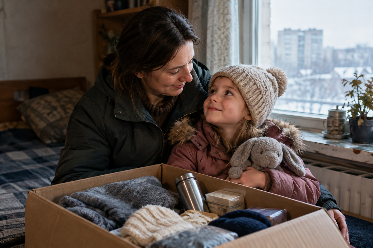 A mother and her young child in Kharkiv unpacking a winter relief kit beside a softly lit window.