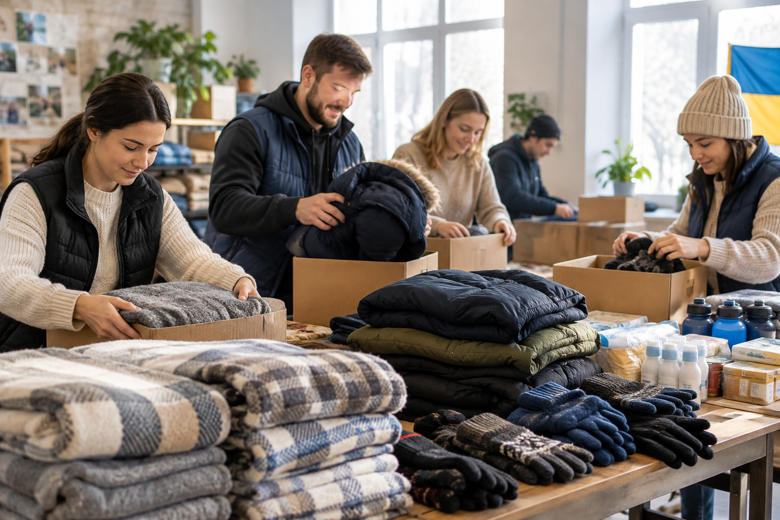 Volunteers carefully assembling winter aid kits at a bright community workspace, with coats, blankets, and supplies ready for families in Ukraine.