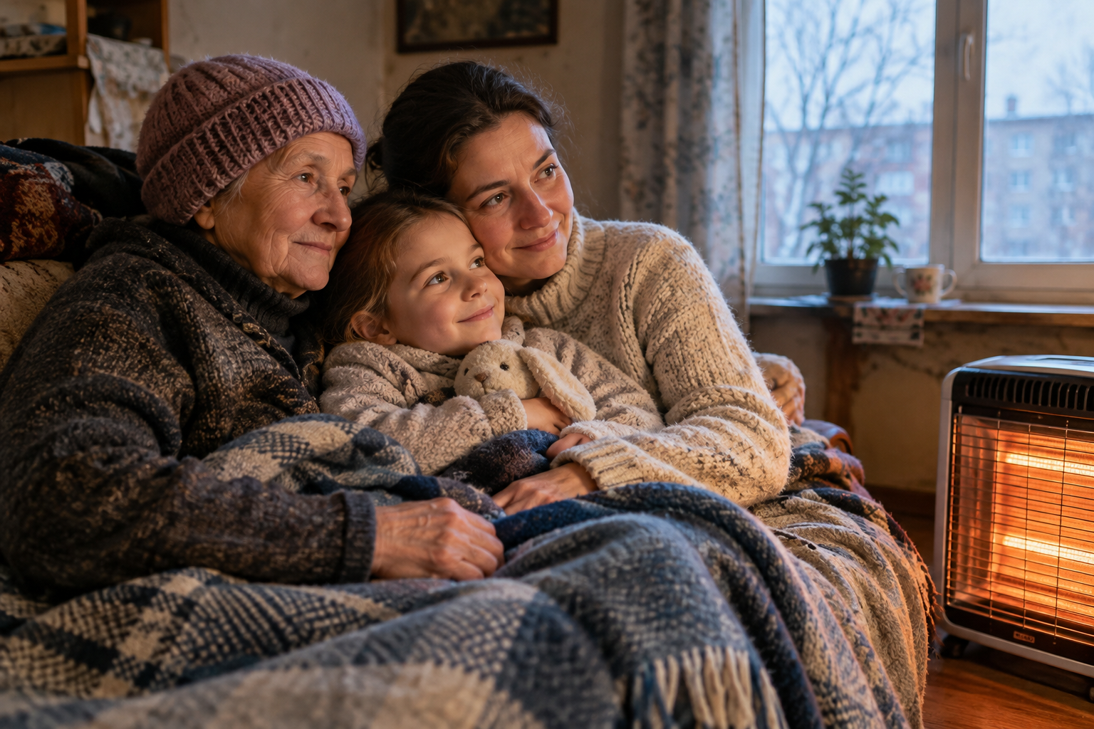 A multigenerational family in Zaporizhzhia gathered close beneath warm blankets beside a safe portable heater.