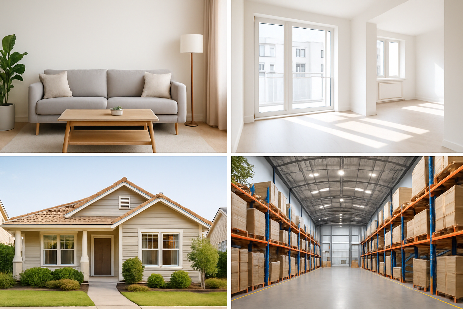 Collage de espacios en alquiler con una sala moderna, un apartamento luminoso, una casa familiar y una bodega limpia