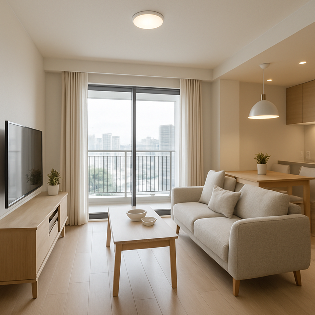 Apartamento moderno con sala integrada y balcón urbano