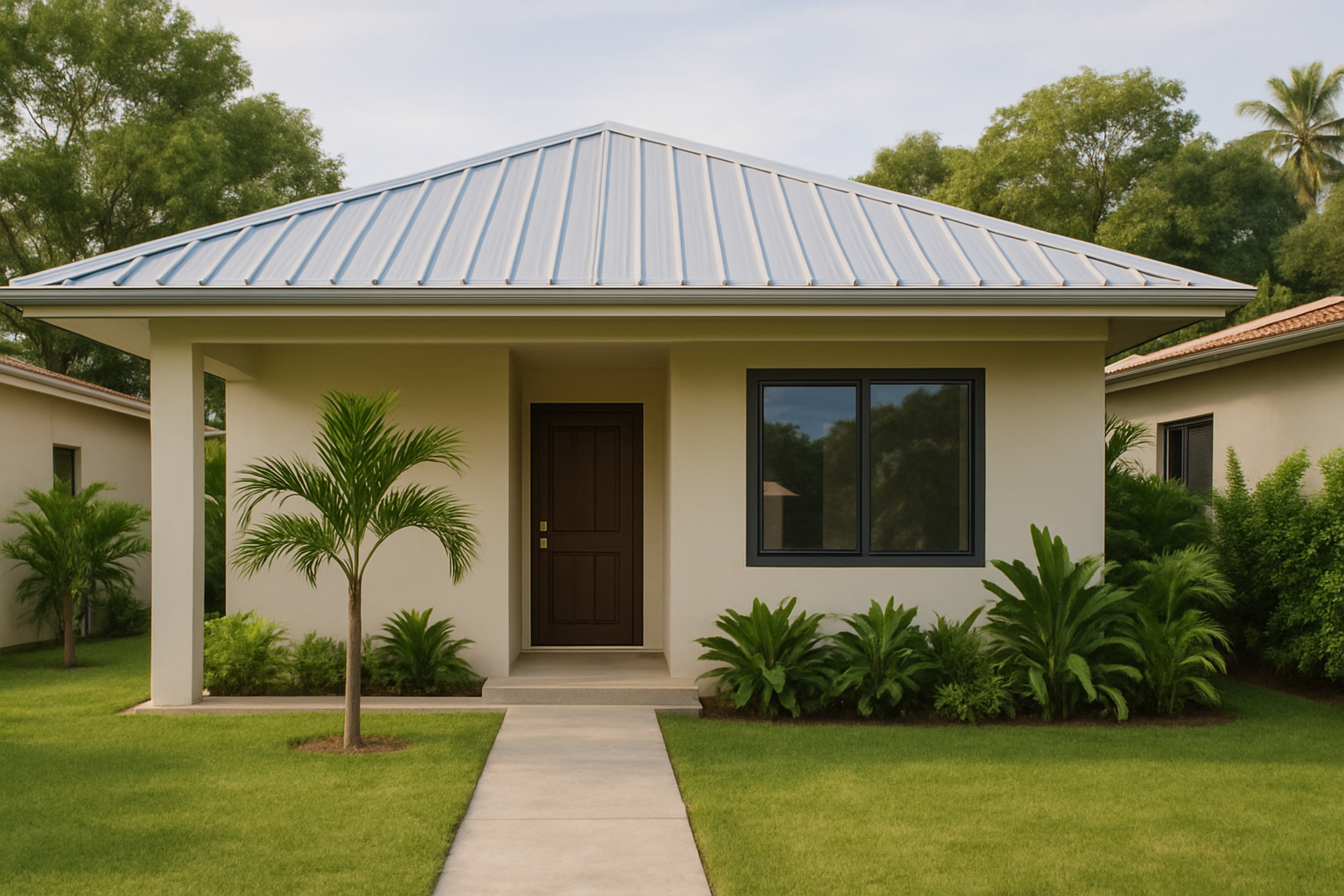 Fachada de casa en Changuinola con techo de zinc claro, portal frontal y jardín tropical