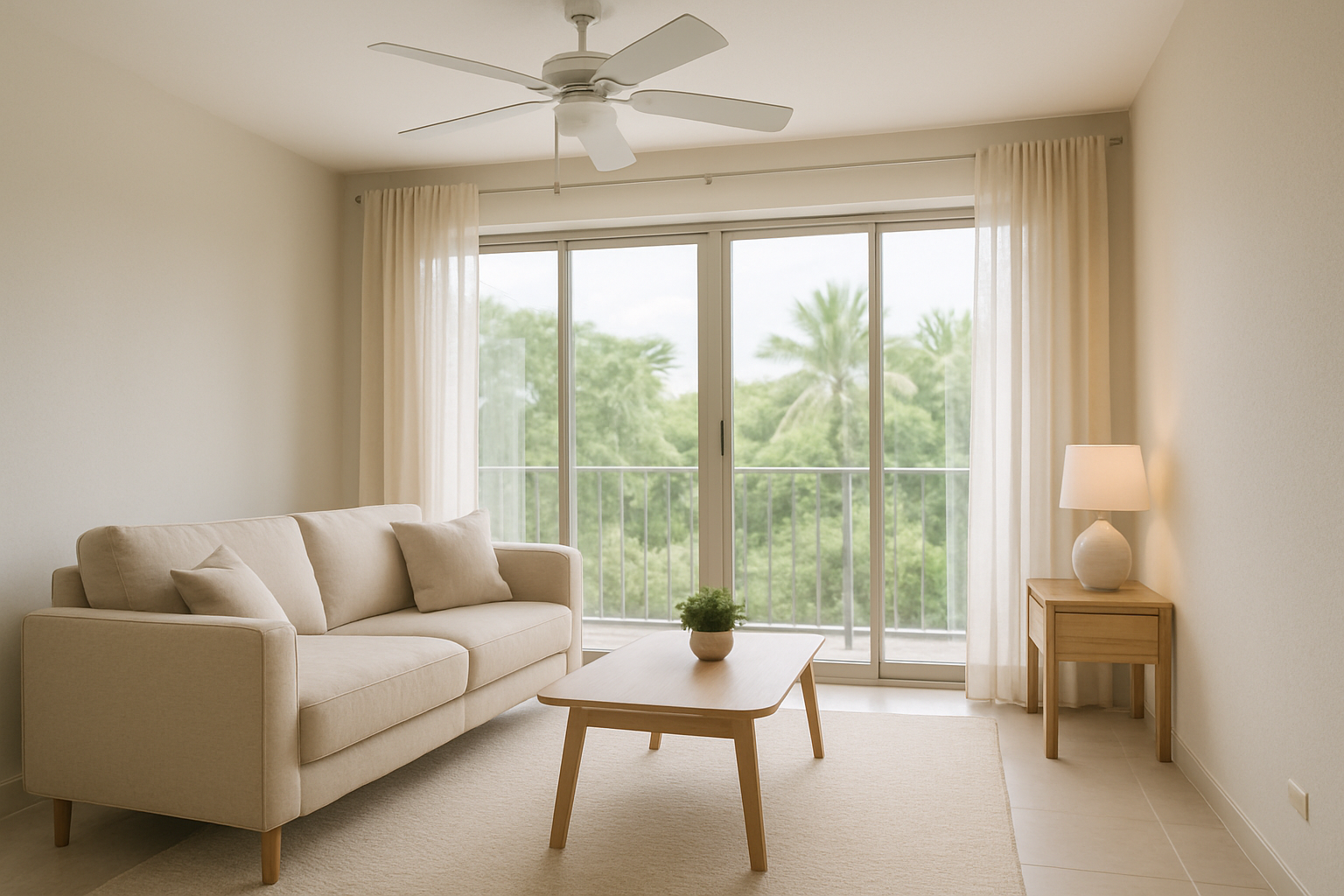 Sala de casa en Changuinola con sofá beige, ventilador de techo y ventanales con luz natural