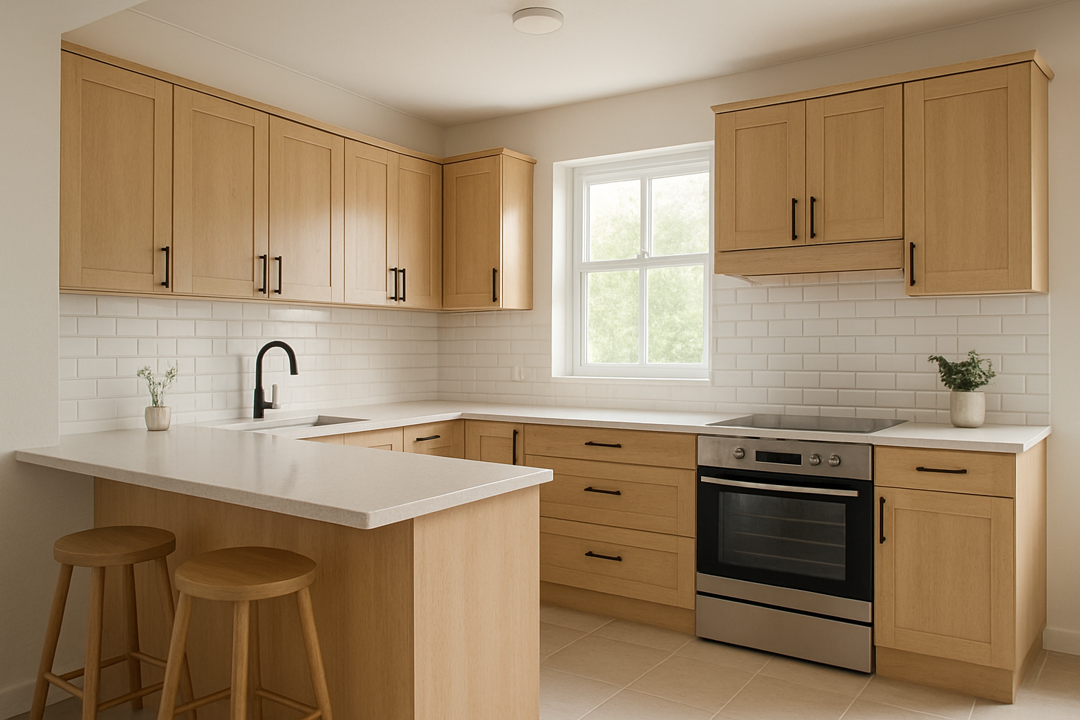 Cocina en Changuinola con gabinetes de madera clara, barra desayunadora y azulejos blancos