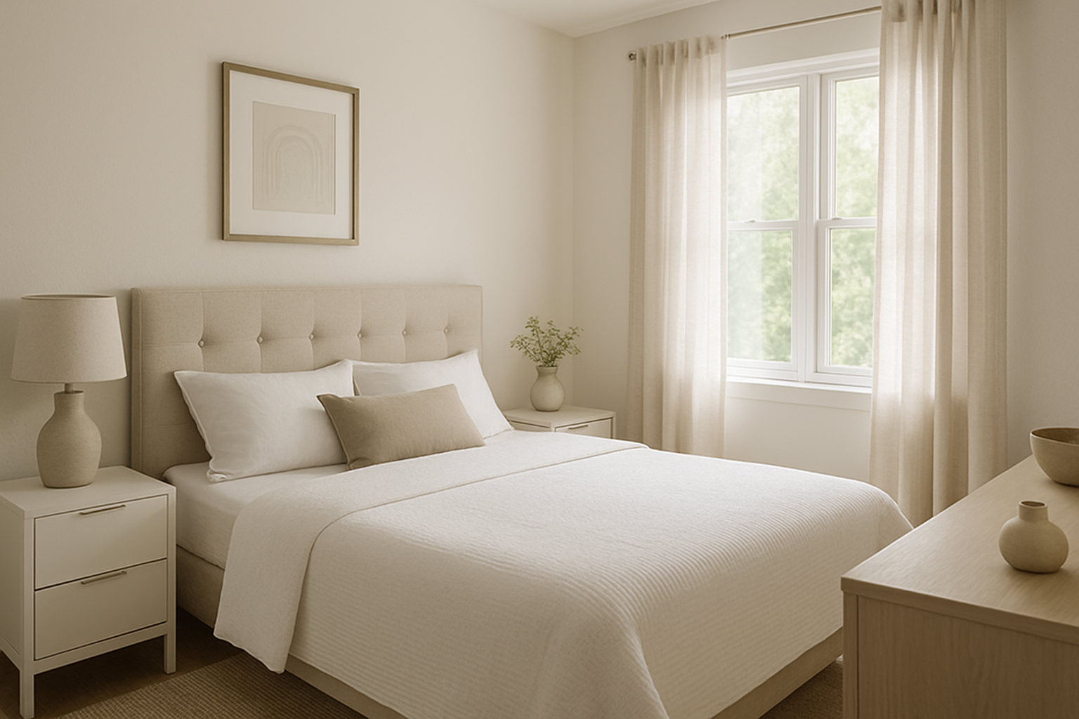 Dormitorio en Changuinola con cama queen, ropa de cama neutra y cortinas de lino