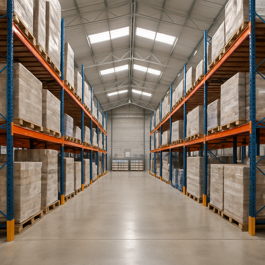 Almacén con pallets de mercancía y luz natural por lucernarios