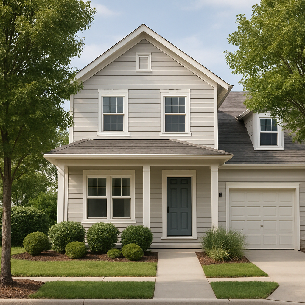 Casa familiar de fachada clara con jardín frontal y árboles
