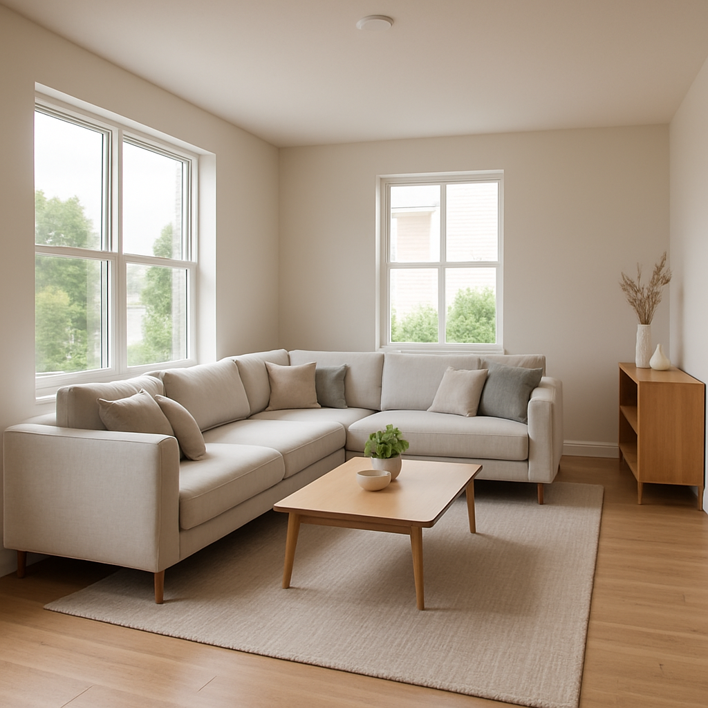 Sala amplia de casa con sofá en L, ventanales y decoración neutra