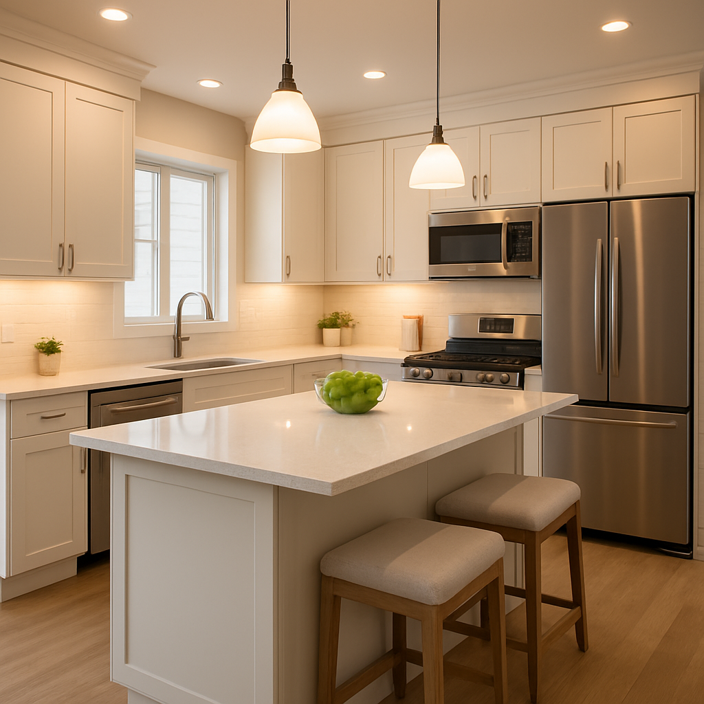 Cocina de casa con isla central, gabinetes blancos y luz cálida