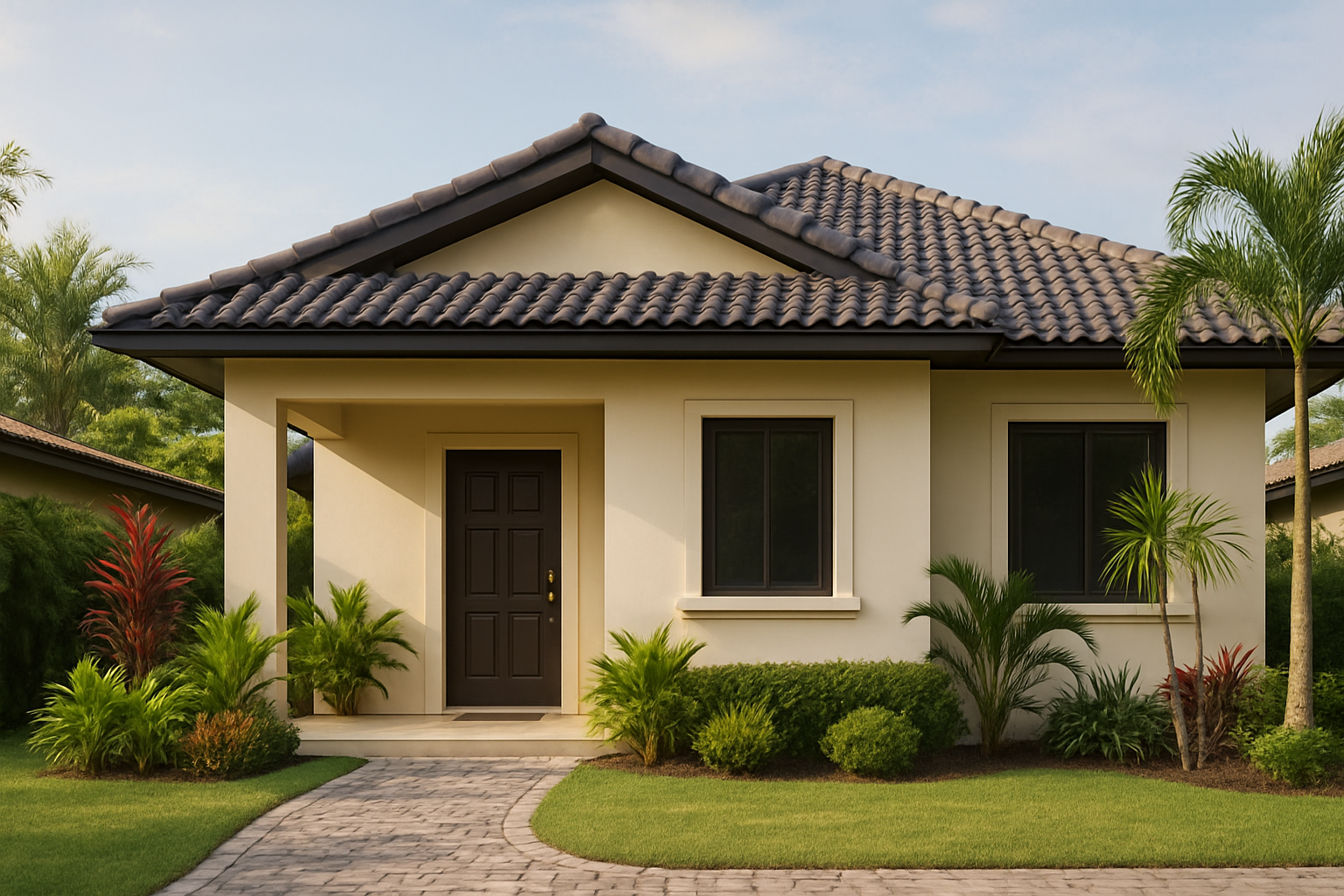 Fachada de casa en Chiriquí con techo a dos aguas, jardín frontal y entrada adoquinada