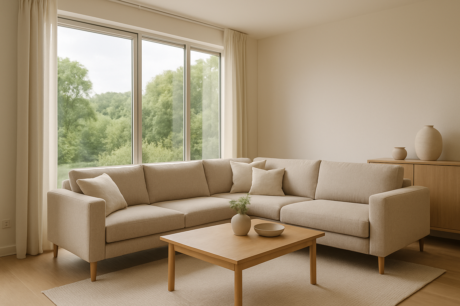 Sala luminosa en casa de Chiriquí con sofá beige, ventanales grandes y decoración neutra