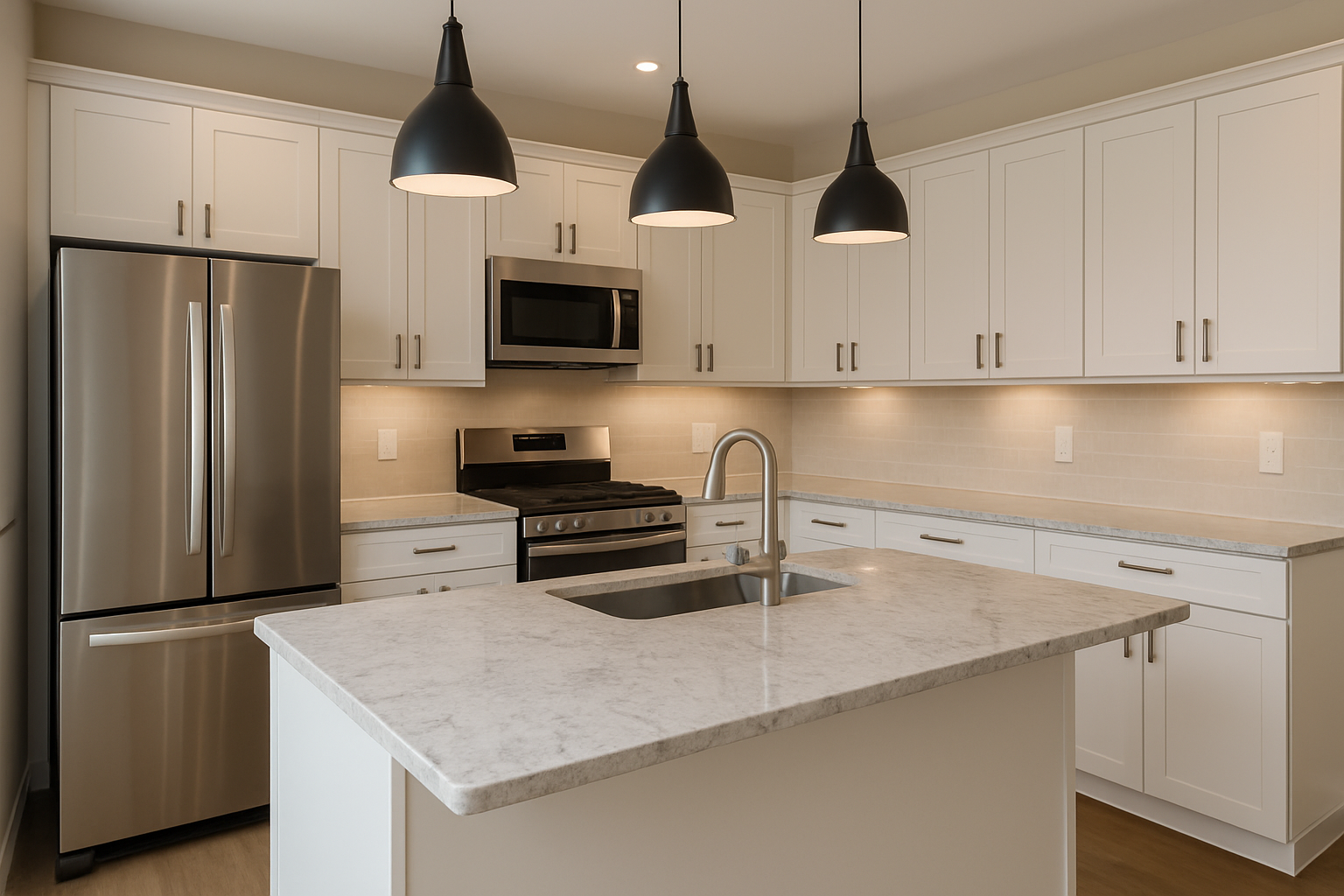 Cocina moderna en casa de Chiriquí con isla central, gabinetes blancos y lámparas colgantes