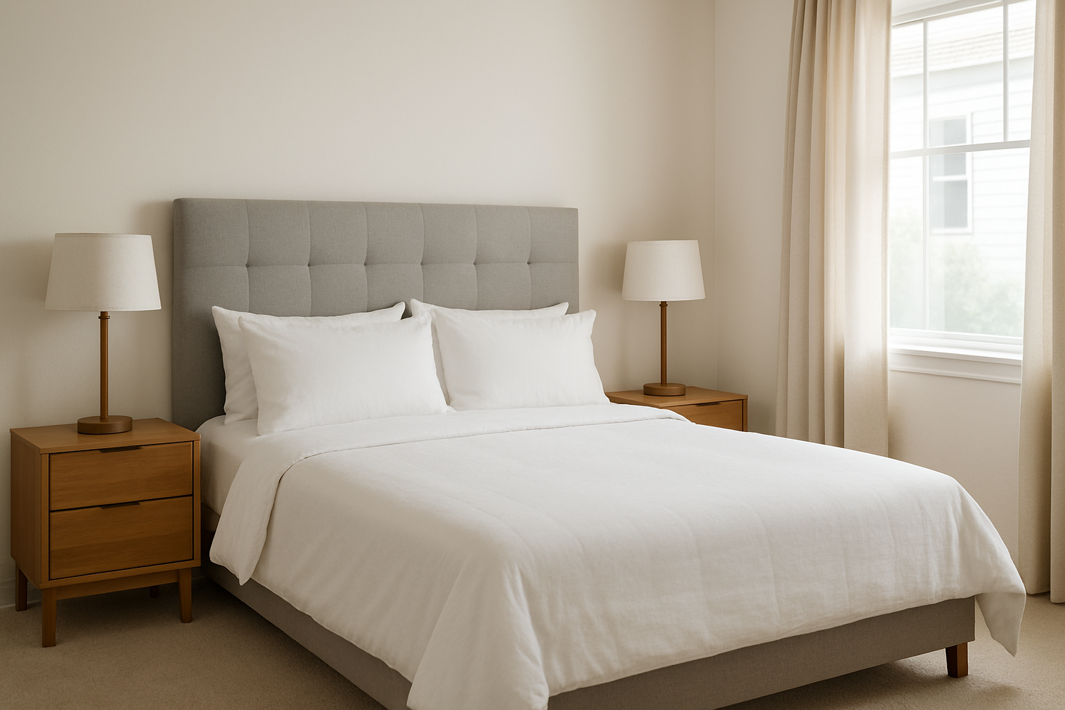 Dormitorio principal en Chiriquí con cama queen, ropa de cama clara y ventana con cortinas suaves