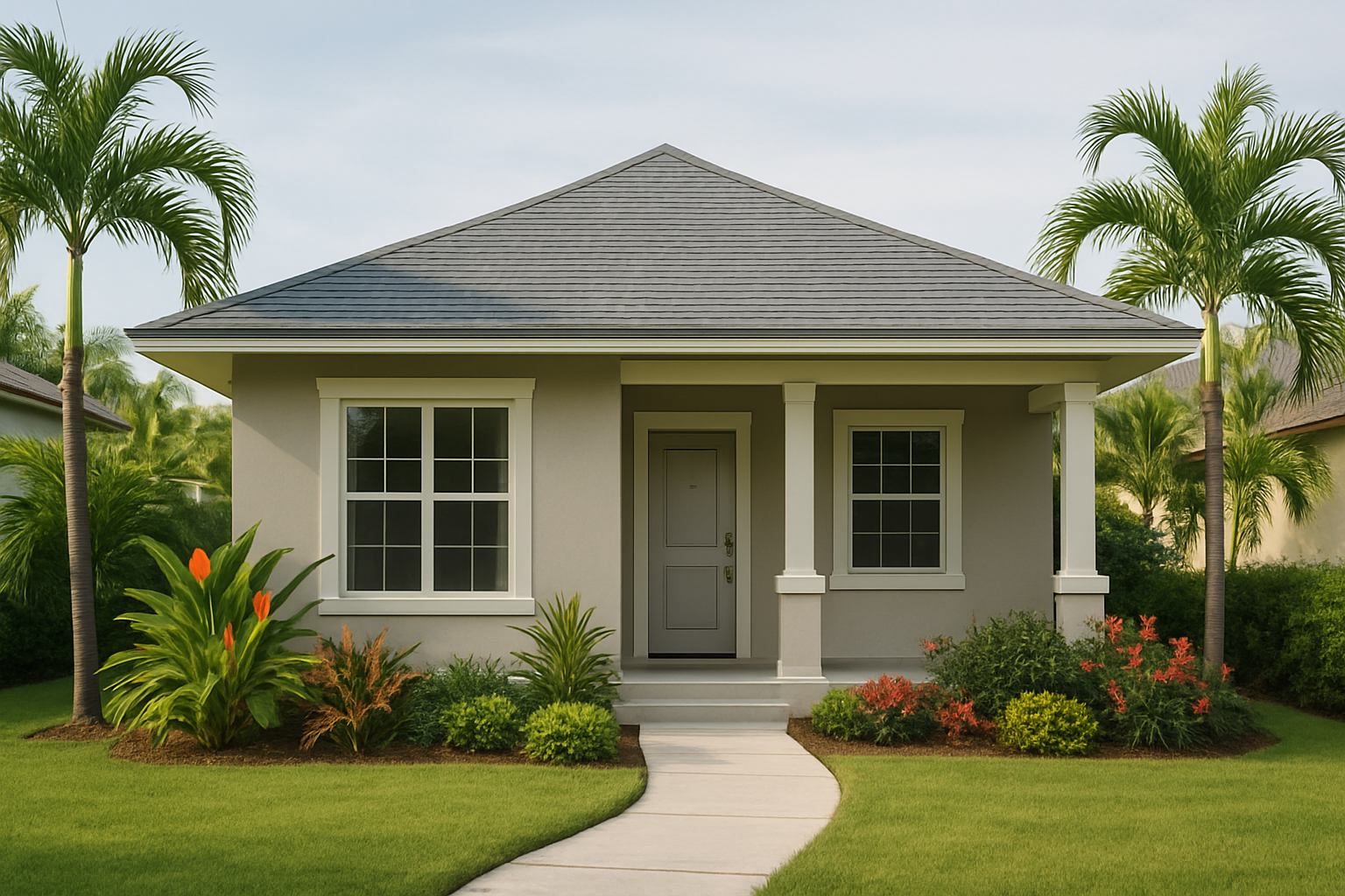 Fachada de casa en Penonomé con techo gris, portal frontal y jardín con plantas tropicales