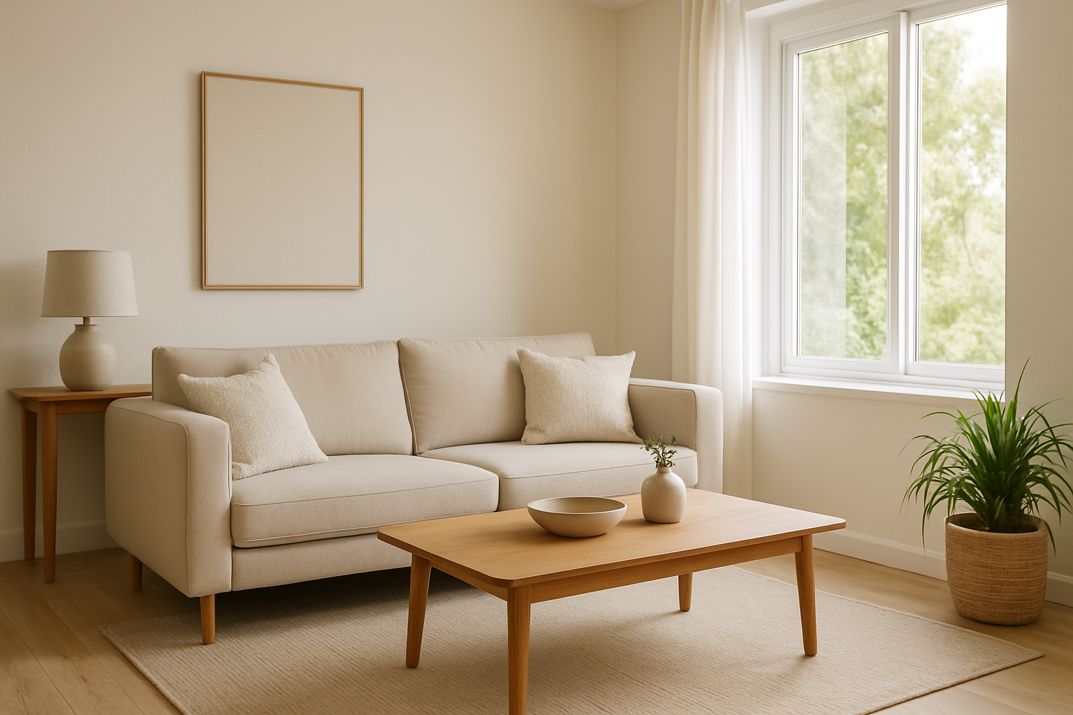 Sala de casa en Coclé con sofá beige, mesa de centro de madera y luz natural