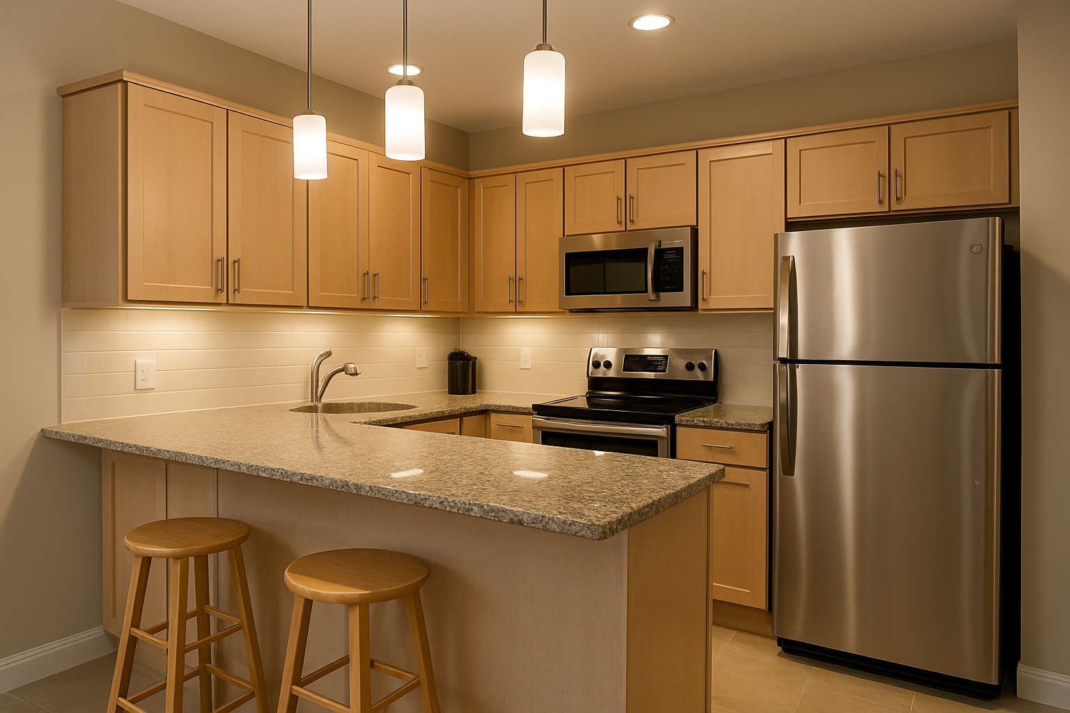 Cocina en Coclé con gabinetes de madera clara, encimera de granito y barra desayunadora