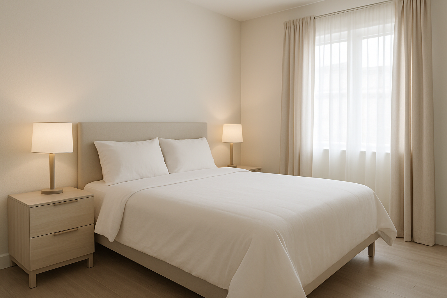 Dormitorio en Coclé con cama matrimonial, ropa de cama blanca y cortinas suaves