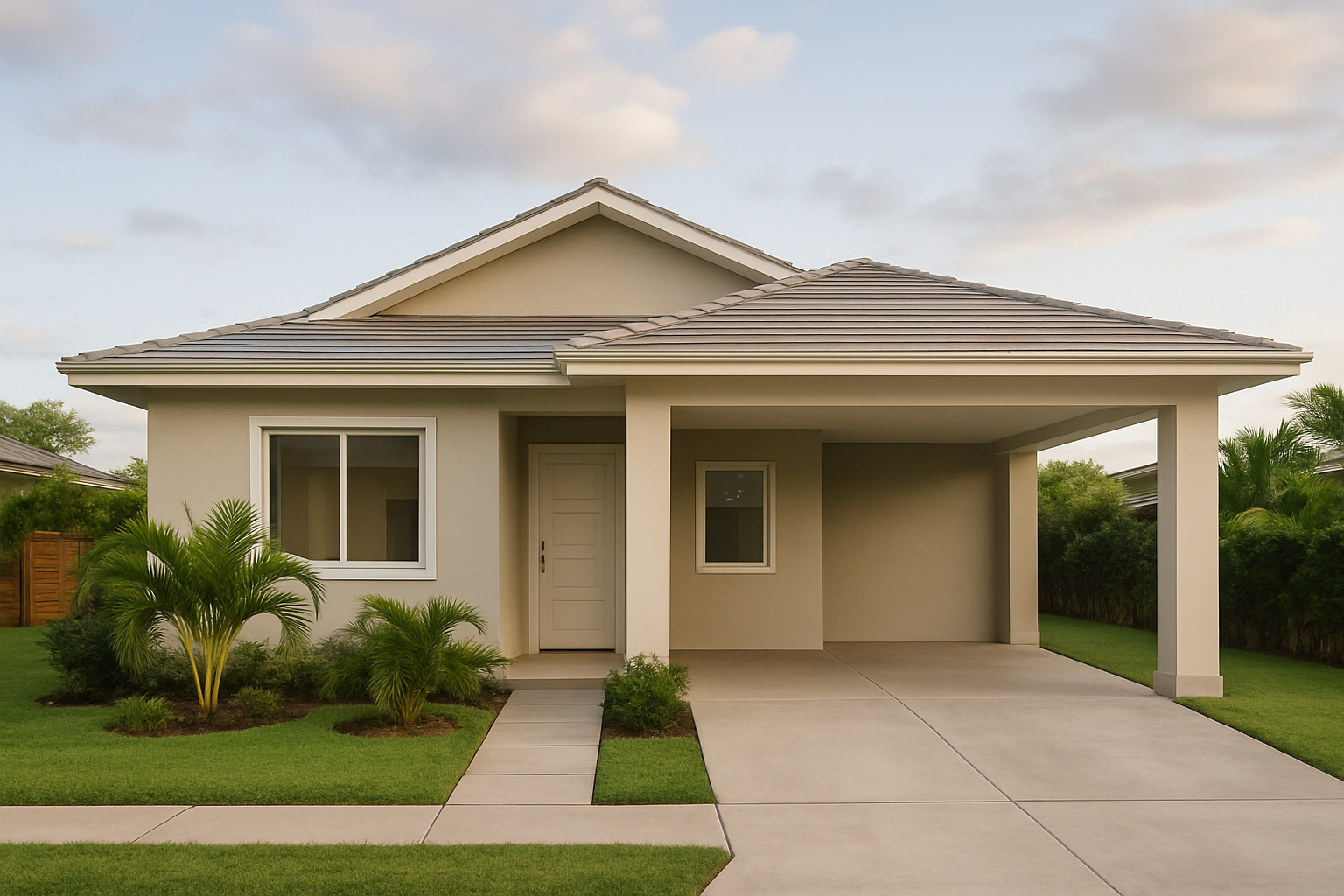 Fachada de casa en Colón con techo claro, entrada techada y jardín tropical