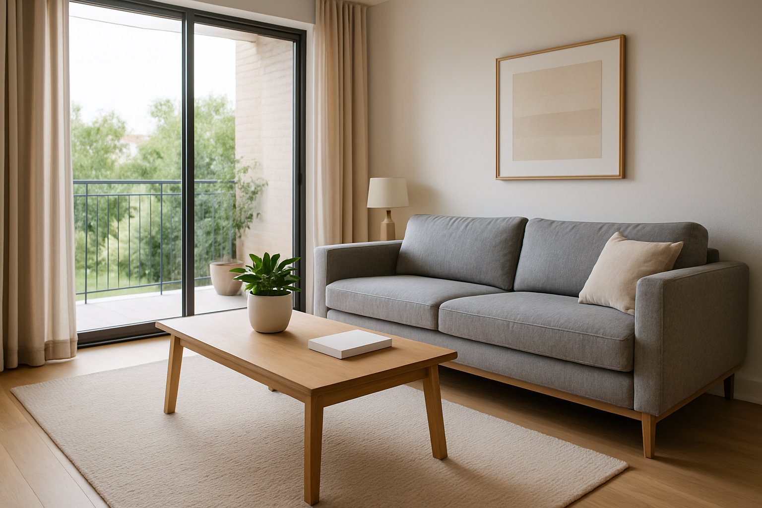 Sala de casa en Colón con sofá gris, mesa de centro de madera y ventanales amplios