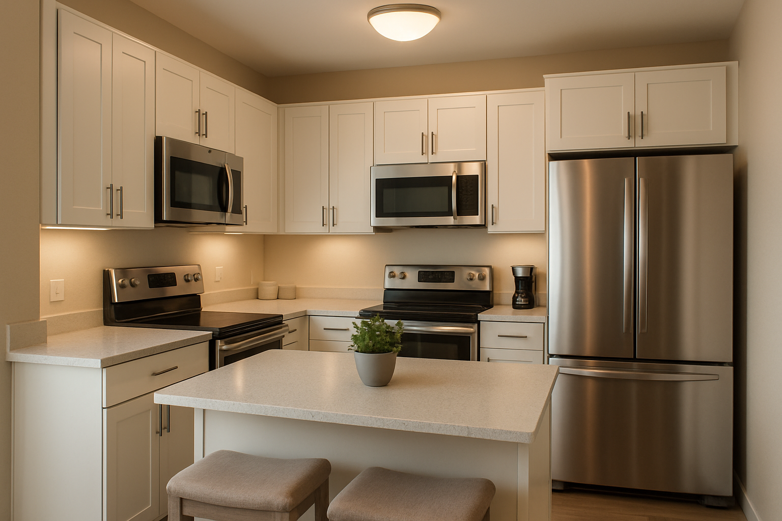 Cocina en Colón con gabinetes blancos, encimeras claras y barra desayunadora