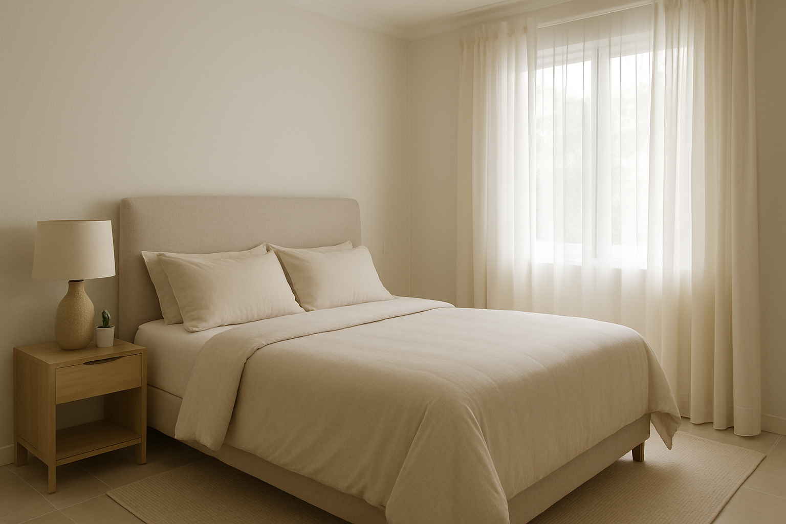 Dormitorio en Colón con cama queen, ropa de cama beige y cortinas livianas