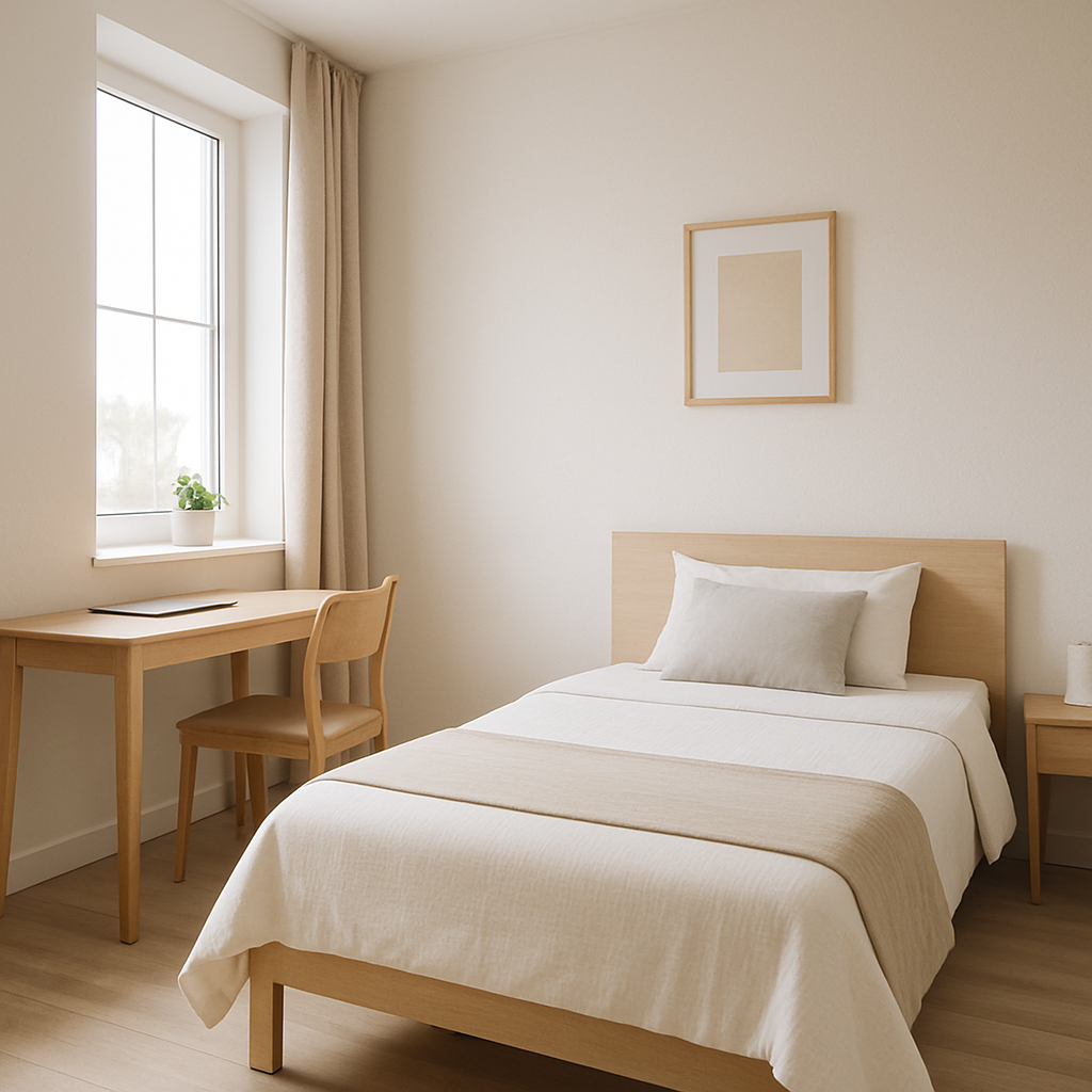 Habitación luminosa con cama individual y escritorio de madera clara