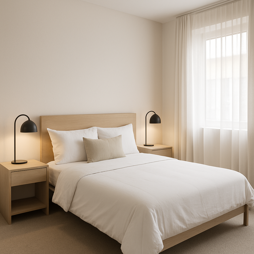 Cuarto moderno con cama doble, lámparas minimalistas y ventana grande