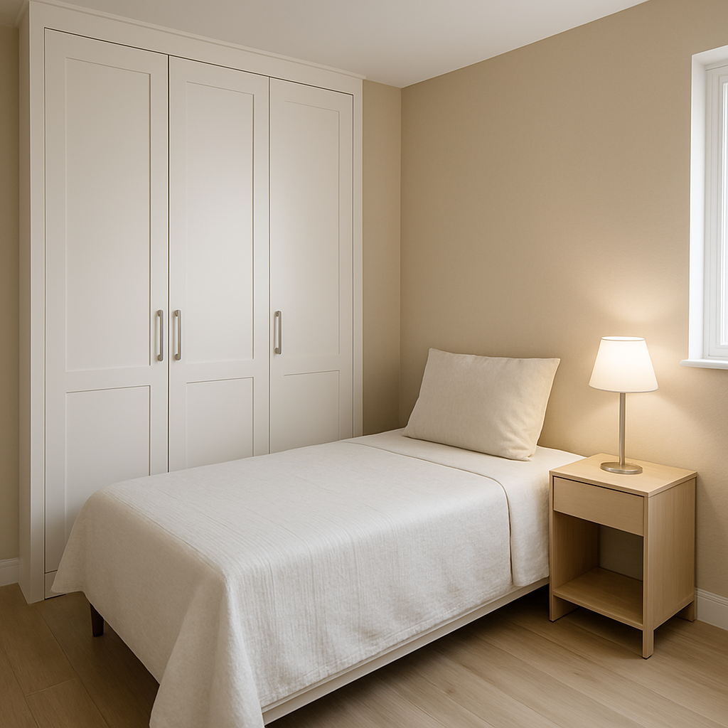 Habitación compacta con armario blanco y tonos neutros
