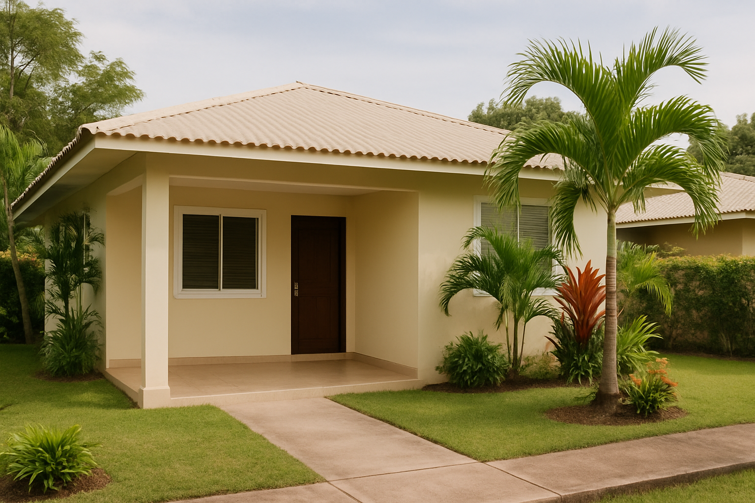 Fachada de casa en Darién con techo de zinc beige, portal frontal y patio con vegetación