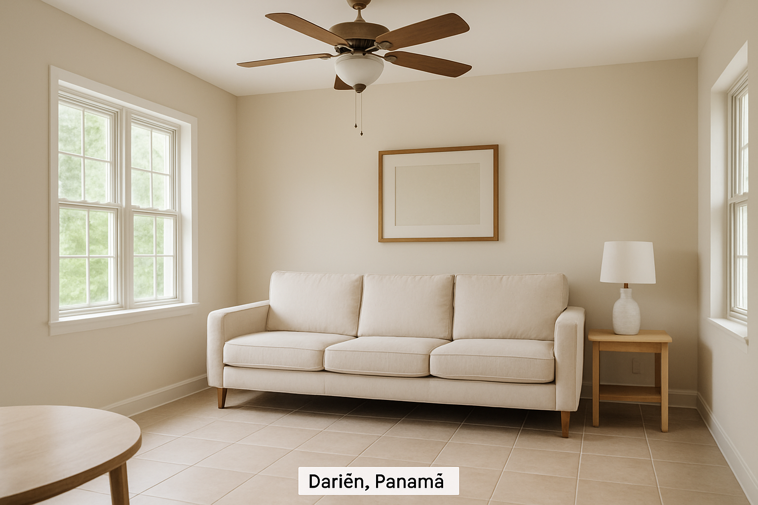 Sala de casa en Darién con sofá claro, ventilador de techo y piso de baldosas