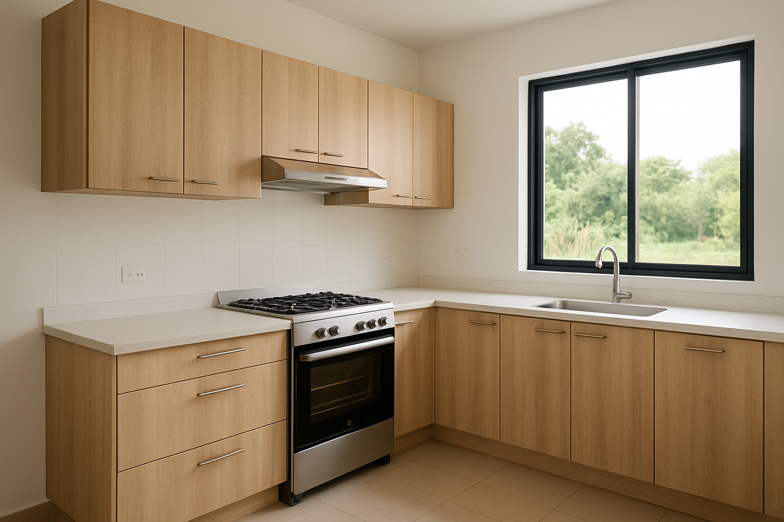 Cocina en Darién con gabinetes de madera clara, estufa moderna y ventanal lateral