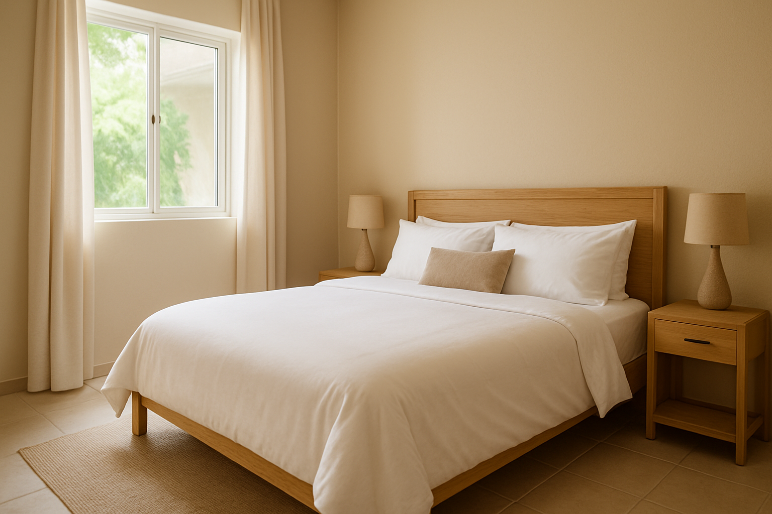 Dormitorio en Darién con cama matrimonial, ropa de cama blanca y luz natural