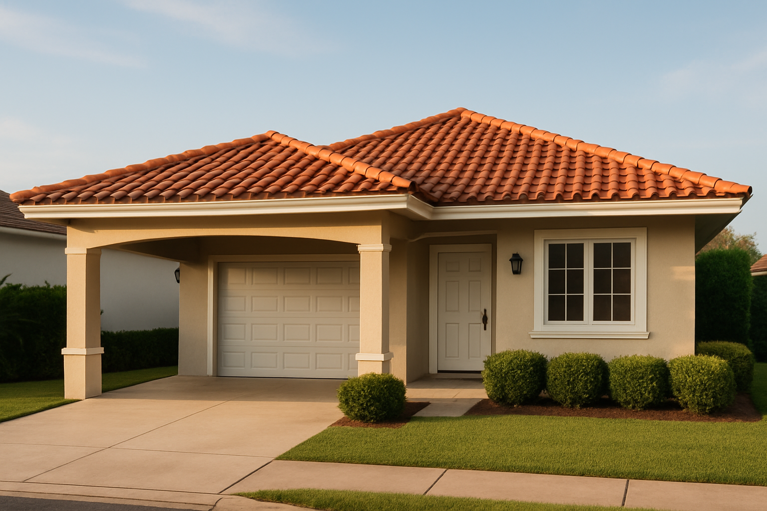 Fachada de casa en Herrera con techo de tejas rojas, garaje cubierto y jardín frontal