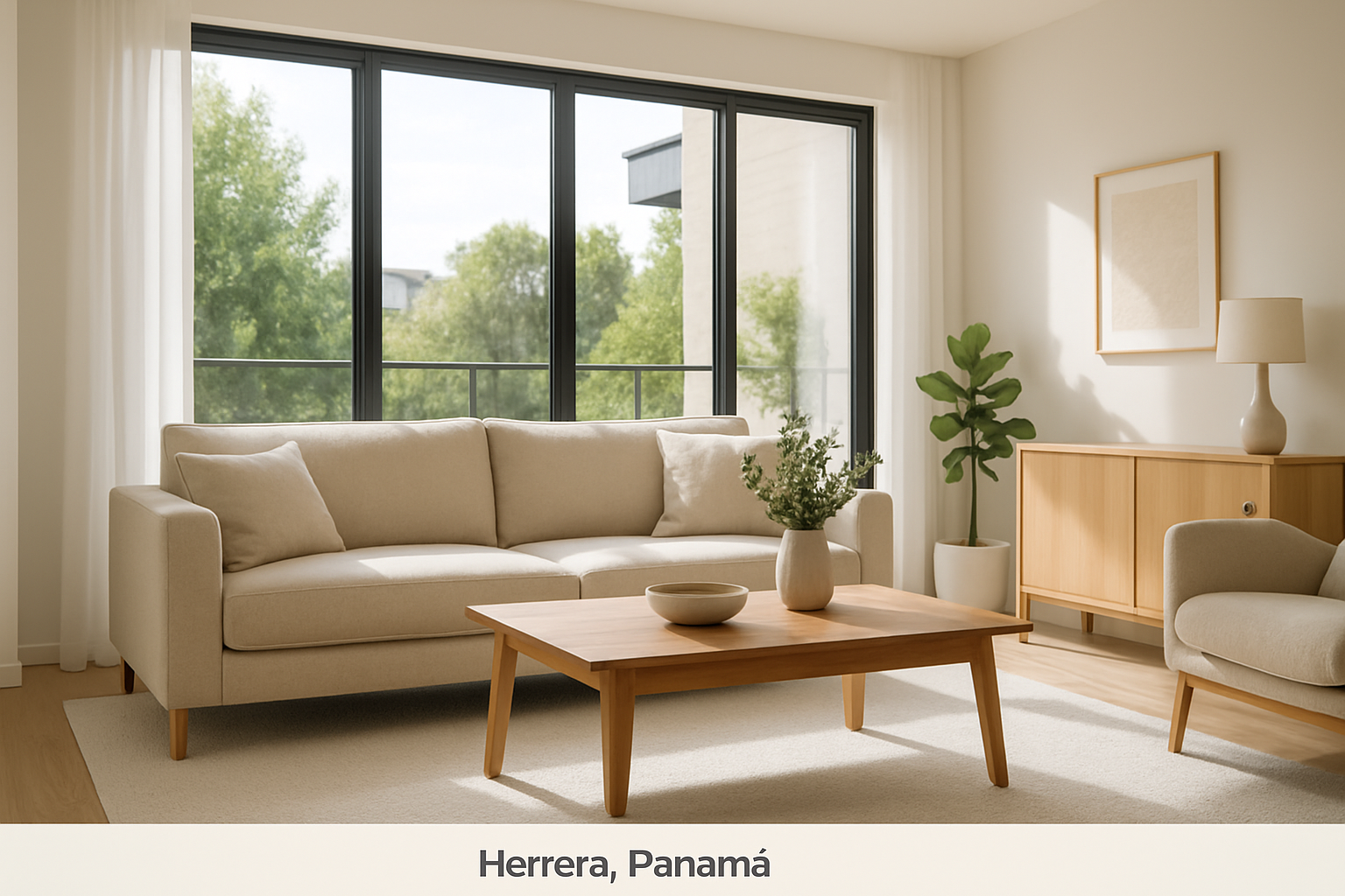 Sala de casa en Herrera con sofá beige, alfombra clara y ventanales grandes