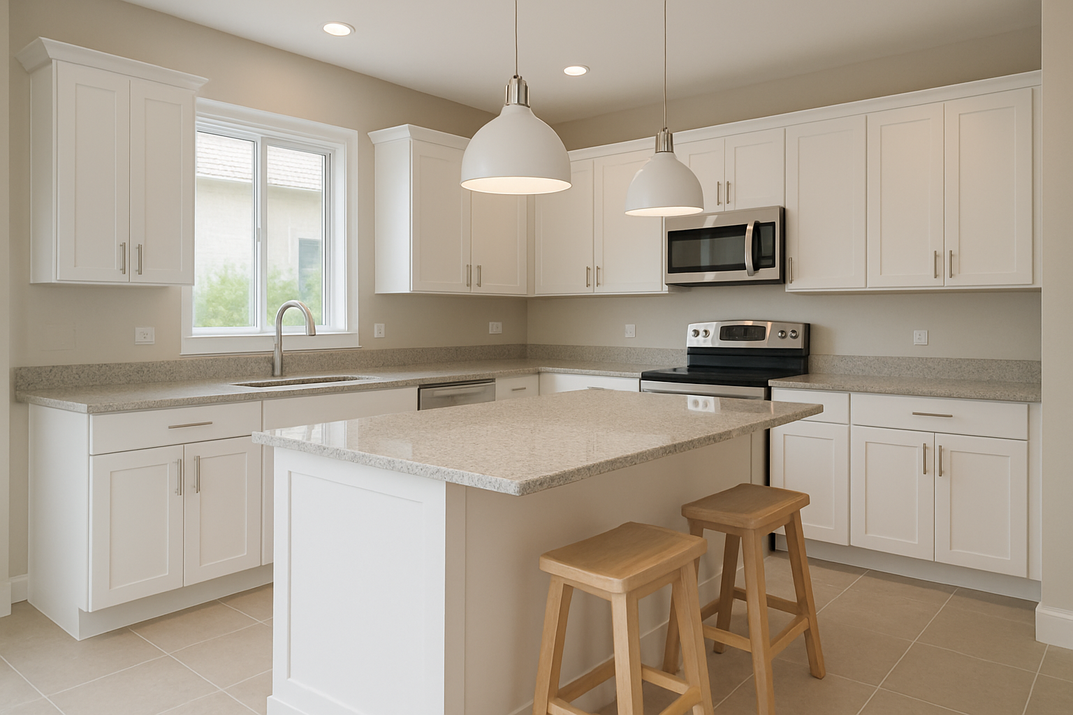 Cocina en Herrera con gabinetes blancos, isla central y lámparas colgantes