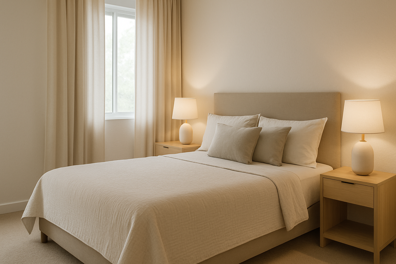 Dormitorio en Herrera con cama queen, ropa de cama neutra y cortinas suaves