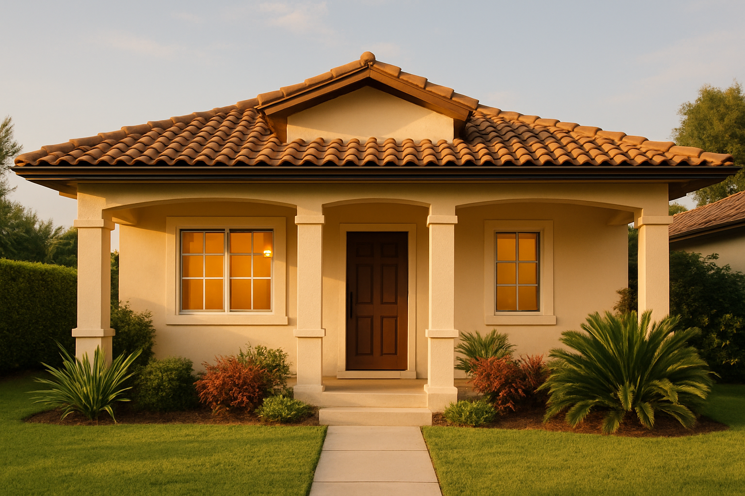 Fachada de casa en Los Santos con techo de tejas, porche frontal y jardín amplio