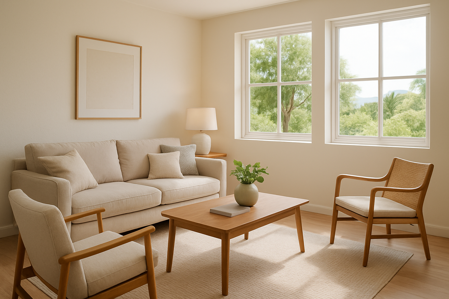 Sala de casa en Los Santos con sofá beige, mesa de madera y luz natural