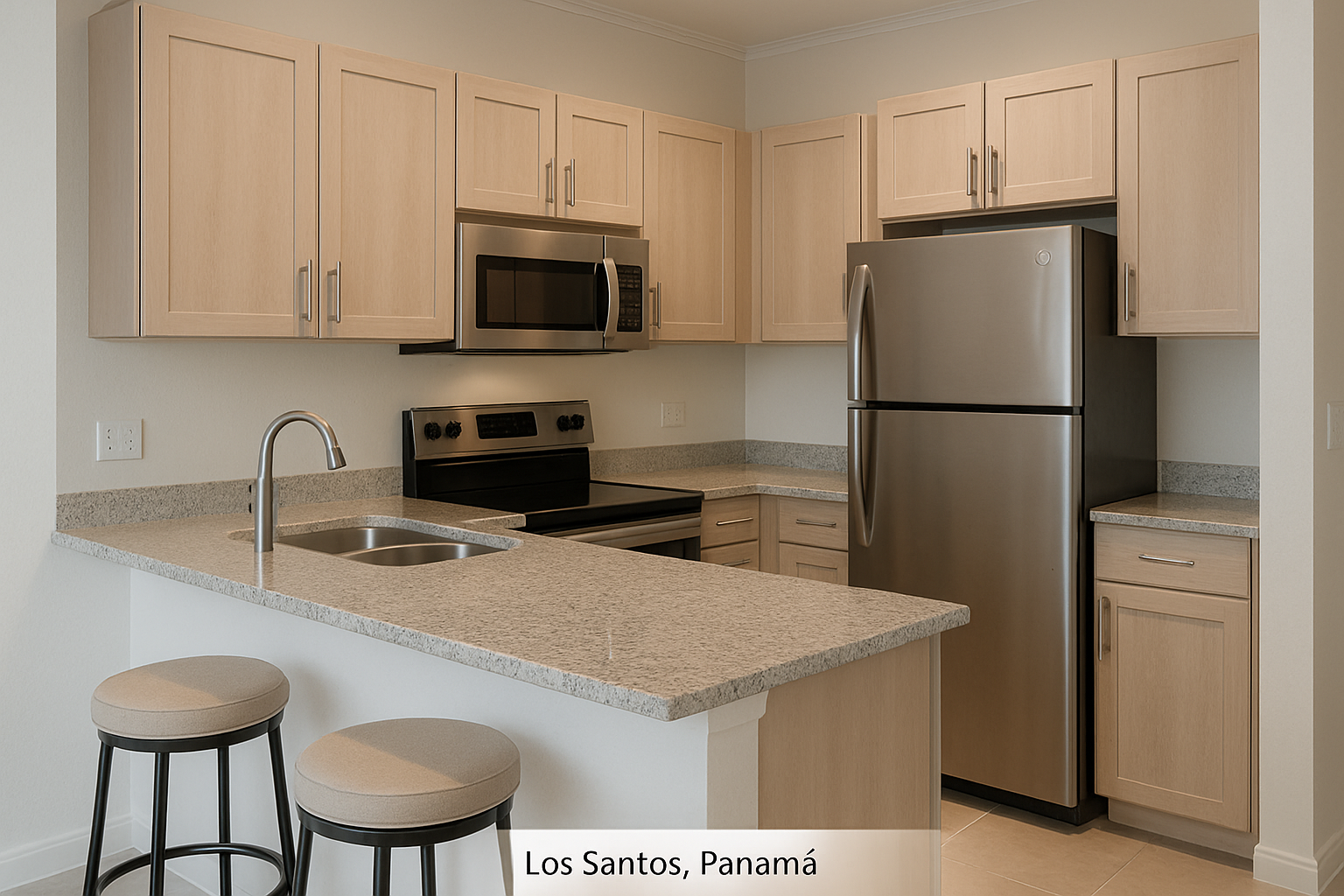 Cocina en Los Santos con gabinetes claros, encimera de granito y barra desayunadora